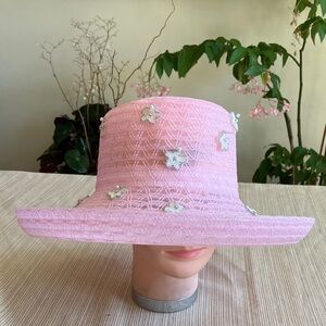 Elegant Pink Hat with White Sequined Beadef Floral Details
